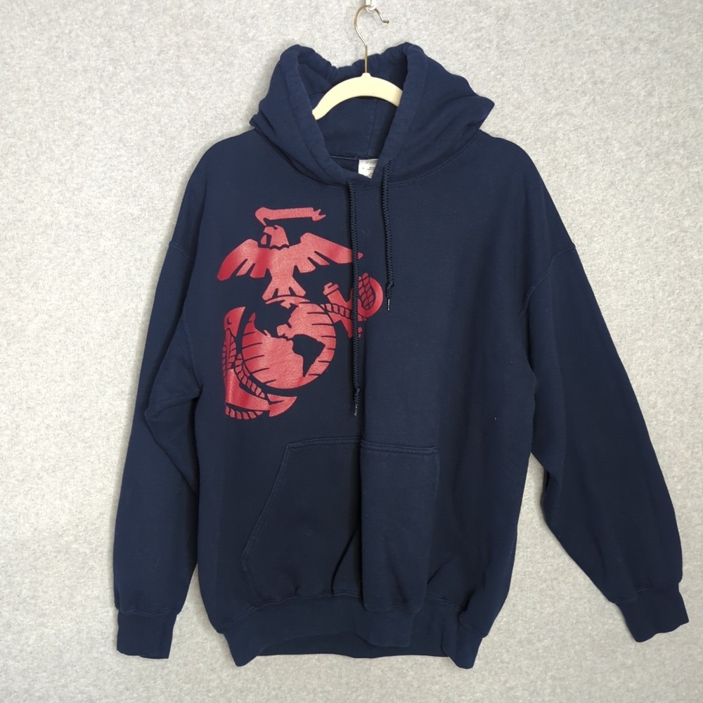 US Marines Eagle Globe Anchor Graphic Hoodie Sweatshirt‎ Mens L Pullover Navy